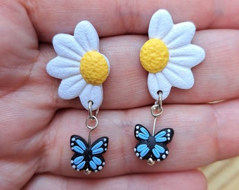 Earrings Daisy with Dangle Butterfly, handmade unique jewellery, polymer clay jewelry for summer