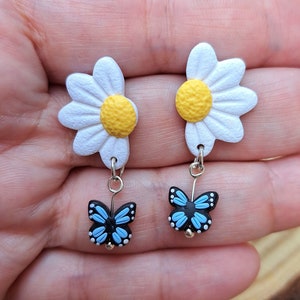 Earrings Daisy with Dangle Butterfly, handmade unique jewellery, polymer clay jewelry for summer image 1