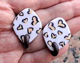 Leopard Hearts Earrings, Stud Earrings with Gold Hearts and Swinging Ring