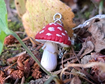 Amanita Mushroom Necklace, Autumn Polymer Clay Jewelry, Red Mushroom with White Dots