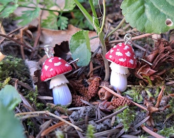 Amanita Mushroom Dangle Earrings, Red Mushroom With White Dots Jewelry