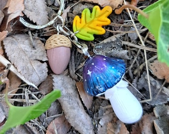 Galaxy Mushroom Keychain with Acorn and Oak Leaf