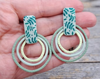 Floreal Rings Earrings, Geometric Earrings with Dangle Rings and Floreal Print