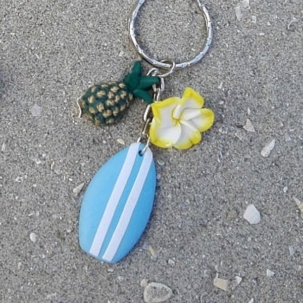 Surfer Style Keychain - Surf board with plumeria flower, half coconut or pineapple charms - Choose your color