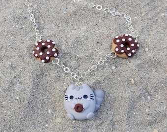 Bracelet Cute Grey Cat with Chocolate Donuts Beads and White Sprinkles - Charm Bracelet for Adults and Kids
