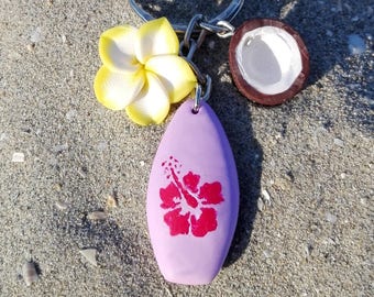 Hawaiian Summer Keychain - Surfboard with plumeria (frangipani) charms and half coconut