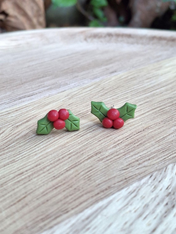 Holly Berry Studs, Christmas Earrings, Butcher's Broom Earrings, Mistletoe Earrings, Handmade Polymer Clay Jewelry, Gift for Her