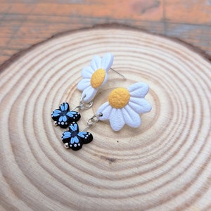 Earrings Daisy with Dangle Butterfly, handmade unique jewellery, polymer clay jewelry for summer image 3