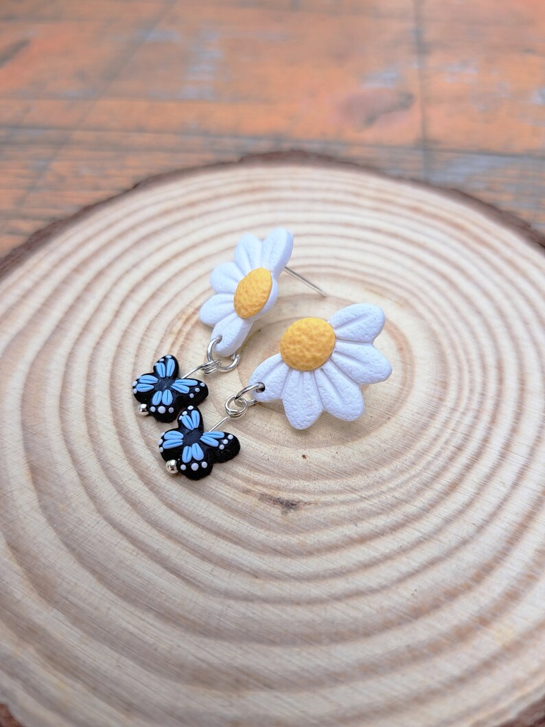 Earrings Daisy with Dangle Butterfly, handmade unique jewellery, polymer clay jewelry for summer image 3