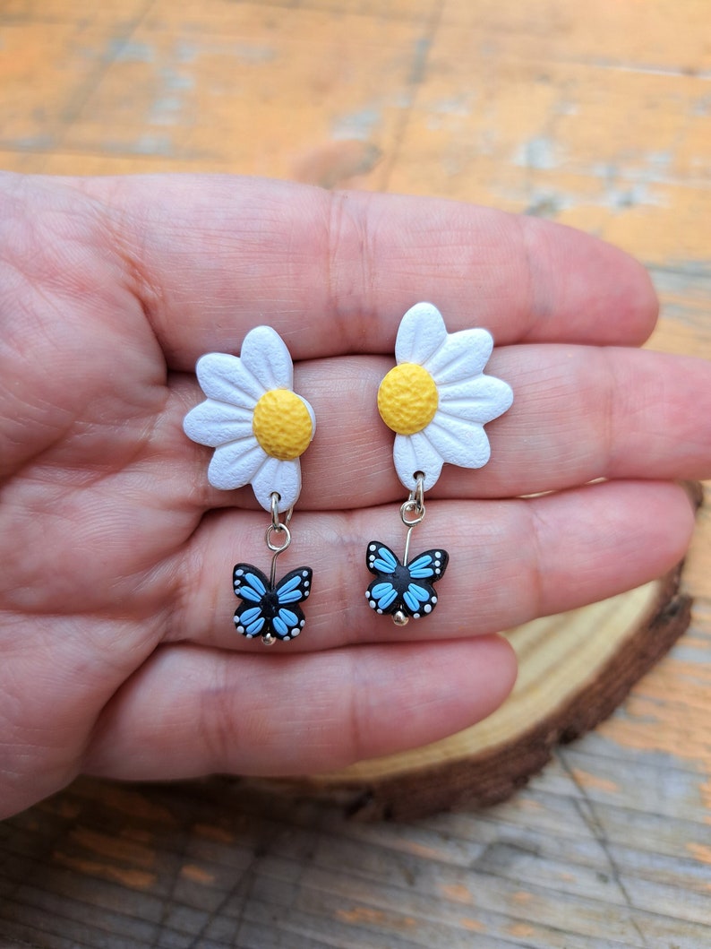 Earrings Daisy with Dangle Butterfly, handmade unique jewellery, polymer clay jewelry for summer image 1