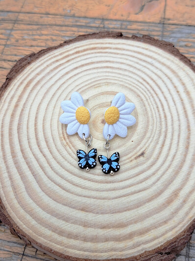 Earrings Daisy with Dangle Butterfly, handmade unique jewellery, polymer clay jewelry for summer image 2
