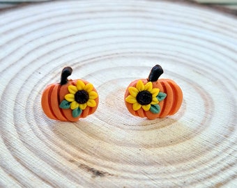 Pumpkin and Sunflower Earrings, Fall Stud Earrings, Polymer Clay Stud Earrings, Handmade Floral Pumpkin, Thanksgiving clay jewelry