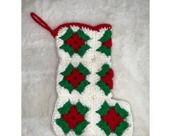 Vintage handmade Granny Square crochet Patchwork Christmas stocking 12" White