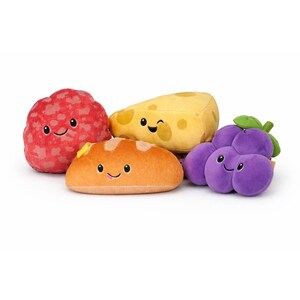 May include: A collection of plush food toys, including a red salami, a yellow cheese wedge, an orange bread roll, and a bunch of purple grapes. Each toy has a smiling face, adding a playful touch to the food-themed set.