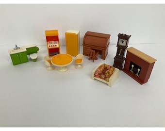 Vintage 70s Fisher Price Doll House Furniture Desk, Clock, Kitchen, Bathroom