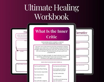 May include: A pink and black digital tablet displaying a workbook titled "Ultimate Healing Workbook". The workbook features a section titled "What Is the Inner Critic?" with text explaining the concept of inner criticism and its impact on mental well-being. The workbook also includes a section titled "Signs That You're Self-Critical" with a list of common signs of self-criticism.