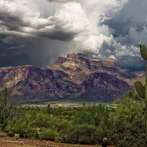 May include: Panoramic landscape of a desert scene with a dramatic sky. The image features a large saguaro cactus in the foreground, with mountains and a storm cloud in the background. The colors are muted, with shades of green, brown, and gray.