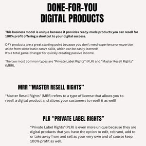 May include: Text on a white background explaining the concept of "Done-For-You Digital Products" and the two types of licenses: "Master Resell Rights" (MRR) and "Private Label Rights" (PLR).