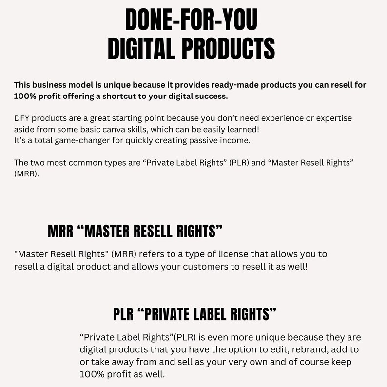 May include: Text on a white background explaining the concept of "Done-For-You Digital Products" and the two types of licenses: "Master Resell Rights" (MRR) and "Private Label Rights" (PLR).