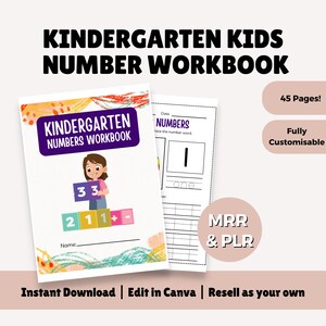 May include: A colorful workbook cover for kindergarten kids featuring a cartoon girl holding number blocks. The title is "Kindergarten Numbers Workbook" and the cover has a colorful crayon-like design. The text "45 Pages!" and "Fully Customisable" is visible in the upper right corner of the image.