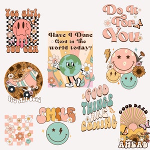 May include: A set of nine retro-style digital stickers featuring positive messages and smiley faces. The stickers include phrases like "Yes girl, you can", "Do it for you", "Good things are coming", and "Good daze ahead".