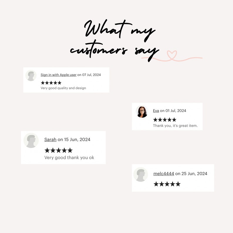 May include: Screenshot of customer reviews for a product. The reviews are all positive and include five stars. The reviews include text such as "Very good quality and design", "Thank you, it's great item", and "Very good thank you ok".