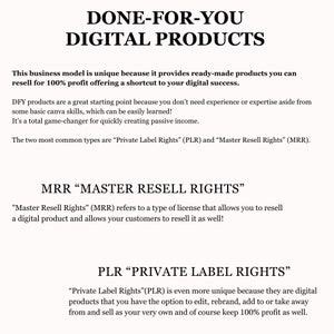 Puede incluir: Gr&aacute;fico de texto que explica el concepto de "Productos digitales listos para usar" y los dos tipos de licencias: "Derechos de reventa maestra" (MRR) y "Derechos de etiqueta privada" (PLR). El gr&aacute;fico explica que estas licencias te permiten revender productos digitales y conservar el 100% de las ganancias.