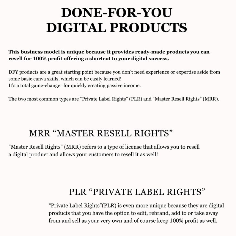 Puede incluir: Gr&aacute;fico de texto que explica el concepto de "Productos digitales listos para usar" y los dos tipos de licencias: "Derechos de reventa maestra" (MRR) y "Derechos de etiqueta privada" (PLR). El gr&aacute;fico explica que estas licencias te permiten revender productos digitales y conservar el 100% de las ganancias.