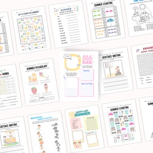 Puede incluir: Un conjunto de hojas de trabajo imprimibles con tem&aacute;tica de verano para ni&ntilde;os. Las hojas de trabajo incluyen actividades como contar, vocabulario, b&uacute;squedas de palabras y escritura de oraciones. Las hojas de trabajo est&aacute;n decoradas con coloridas ilustraciones de actividades de verano, como nadar, jugar al baloncesto y comer helado.