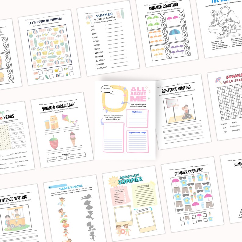 Puede incluir: Un conjunto de hojas de trabajo imprimibles con tem&aacute;tica de verano para ni&ntilde;os. Las hojas de trabajo incluyen actividades como contar, vocabulario, b&uacute;squedas de palabras y escritura de oraciones. Las hojas de trabajo est&aacute;n decoradas con coloridas ilustraciones de actividades de verano, como nadar, jugar al baloncesto y comer helado.