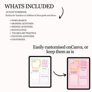 Puede incluir: Una ilustraci&oacute;n digital de un libro de trabajo imprimible para ni&ntilde;os. El libro de trabajo se titula "Todo sobre m&iacute;" y presenta una combinaci&oacute;n de colores rosa y amarillo. El libro de trabajo incluye actividades como dibujar, escribir y hacer coincidir.
