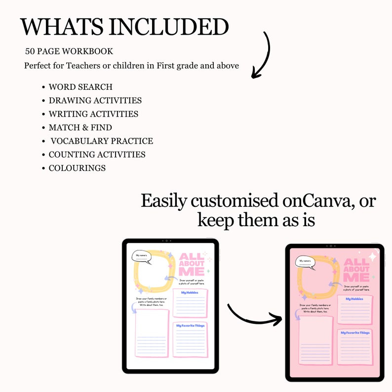 Puede incluir: Una ilustraci&oacute;n digital de un libro de trabajo imprimible para ni&ntilde;os. El libro de trabajo se titula "Todo sobre m&iacute;" y presenta una combinaci&oacute;n de colores rosa y amarillo. El libro de trabajo incluye actividades como dibujar, escribir y hacer coincidir.