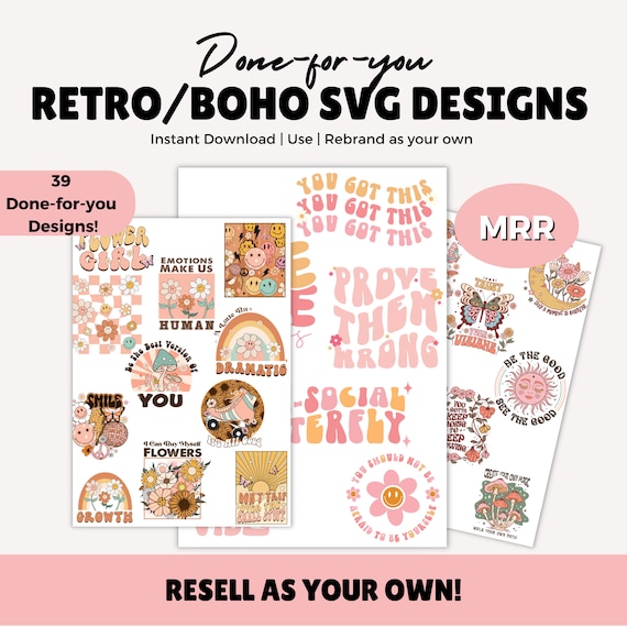 Retro Boho SVG Designs: 39 Print-on-Demand Graphics (Digital Download)