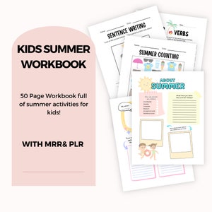 Puede incluir: Una portada rosa y blanca para un libro de trabajo de actividades de verano de 50 p&aacute;ginas para ni&ntilde;os. La portada presenta el texto "KIDS SUMMER WORKBOOK" en negro y el texto "50 Page Workbook full of summer activities for kids!" en negro. La portada tambi&eacute;n presenta el texto "WITH MRR& PLR" en negro.