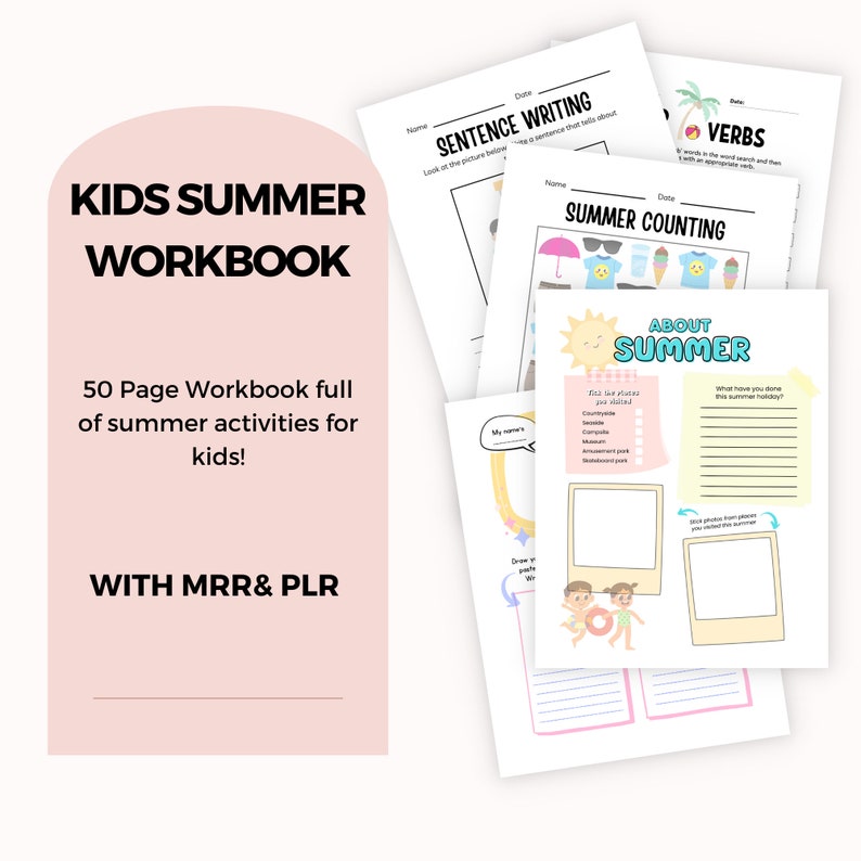 Puede incluir: Una portada rosa y blanca para un libro de trabajo de actividades de verano de 50 p&aacute;ginas para ni&ntilde;os. La portada presenta el texto "KIDS SUMMER WORKBOOK" en negro y el texto "50 Page Workbook full of summer activities for kids!" en negro. La portada tambi&eacute;n presenta el texto "WITH MRR& PLR" en negro.
