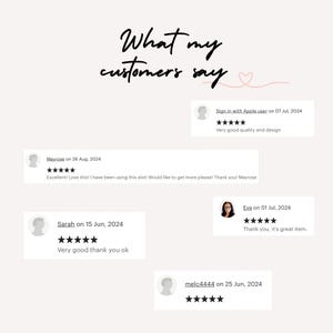 Puede incluir: Una captura de pantalla de un sitio web que muestra rese&ntilde;as de clientes. Todas las rese&ntilde;as son positivas e incluyen calificaciones de cinco estrellas. Las rese&ntilde;as son de diferentes clientes e incluyen sus nombres y fechas. El texto en la imagen dice "Lo que mis clientes dicen."