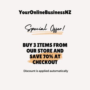 Puede incluir: Un gr&aacute;fico con el texto "YourOnlineBusinessNZ" y "Special Offer!" en fuente de letra cursiva negra. El texto "BUY 3 ITEMS FROM OUR STORE AND SAVE 70% AT CHECKOUT" est&aacute; en negrita negra. El texto "Discount is applied automatically" est&aacute; en fuente regular negra.