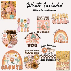 May include: A set of 39 retro-style graphic designs featuring colorful illustrations and text. The designs include phrases like "Good Vibes Only", "Flower Girl", "Be the Best Version of You", and "More Espresso Less Depresso".