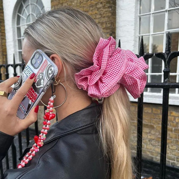 Oversized Scrunchie, Large Coquette Embroidered Colourful Checked Scrunchie, Lace Frilly Hair Tie, French Style