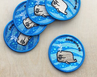 Patch - Swim With Me, Whale, Embroidered, Iron On