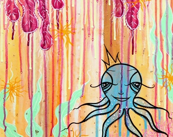 Print - King Octopi - 8x8 - limited edition of 50 on wood