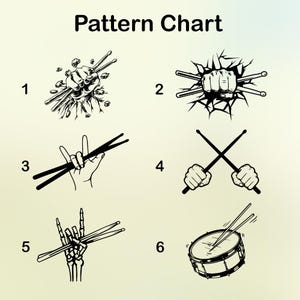 May include: Pattern chart with six different designs of drumsticks. The designs include a fist breaking through a wall, a hand holding drumsticks in a rock and roll pose, and a drum with drumsticks.