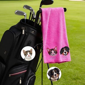 Personlig golfhandduk med broderat husdjursansikte i flerfärgad 100 % bomull och namn, födelsedagspresent till golfspelare.
