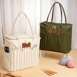 Personalized Canvas Yarn Storage Bag Large Monogram Needle Pockets Handle Sewing Project Organizer Crochet Knitting Gift for Craft Lovers