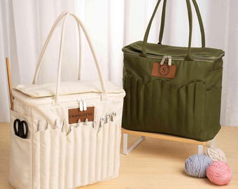 Bolsa de lona personalizada para guardar hilo, con monograma grande, bolsillos para agujas, asa, organizador de proyectos de costura, ganchillo y punto. Regalo ideal para amantes de las manualidades.