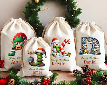 Personalized Name Initial Christmas Gift Bag, Elf/Tree/Snowman/House Letter Design Santa Sack, Christmas Party Favors, Christmas Gift