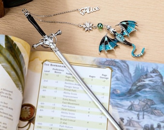 Segnalibro con spada di drago, regalo per lettori amanti dei libri, segnalibri unici con ciondolo in metallo color argento e oro, amanti dei libri