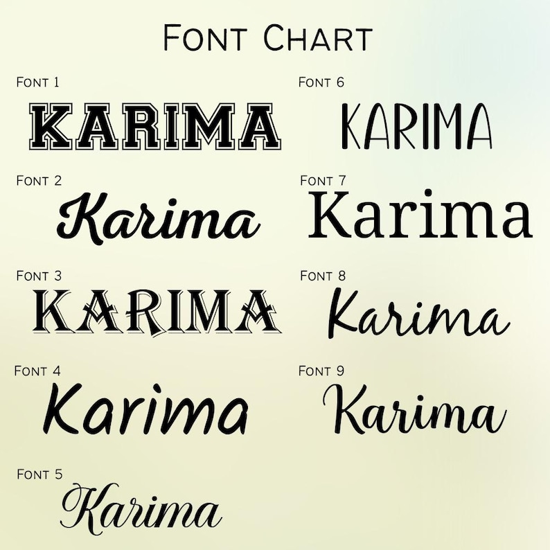 May include: A chart showing nine different font styles for the word "Karima".