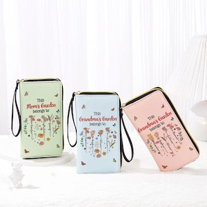 Cartera de mujer personalizada con flores del mes de nacimiento, cartera triple de cuero de Mama's Garden para ella Cartera de cuero con flores de nacimiento