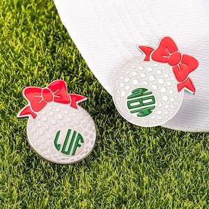 Golf Bag Accessories Custom monogram Golf Women&#39;s Ball Marker Hat Clip, Girls golf accessories with pink bow, Magnetic Golf Ball Marker